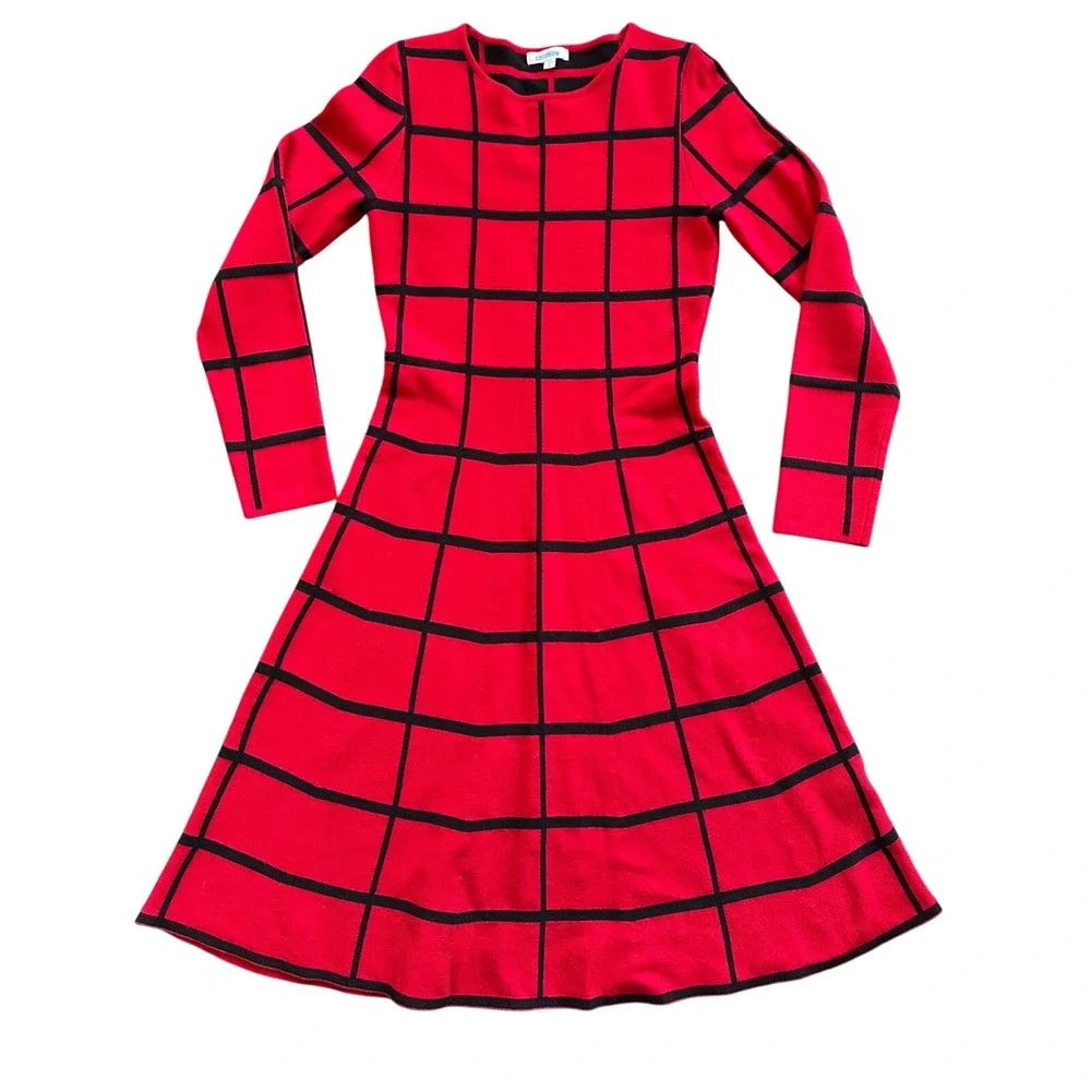 Cocobleu Womens Red Black Windowpane Grid Long Sleeve‎ Sweater Dress S